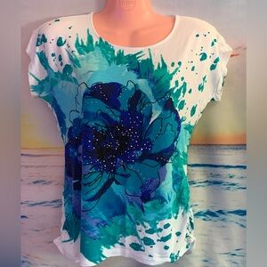 Apt 9 Floral Rhinestone Shirt Sleeve Blue Floral Scoop Neck Tee Size Small